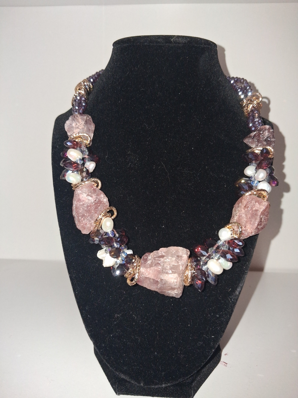 Statement Necklace Raw Strawberry Quartz Freshwater Pearl Purple Faceted Beads